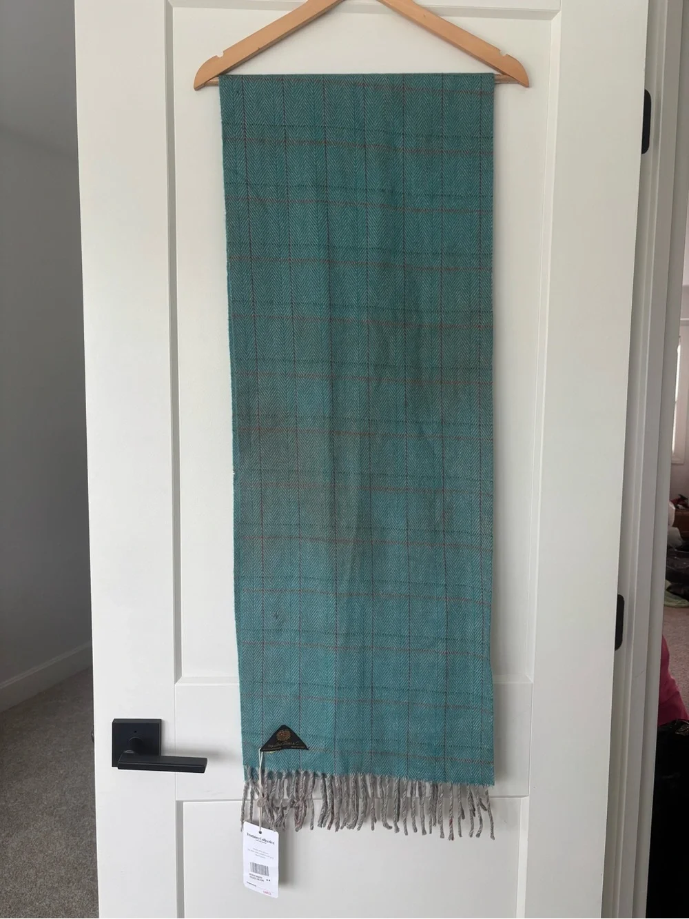 Loro Piana Teal Plaid Wool Scarf with Gray Fringe